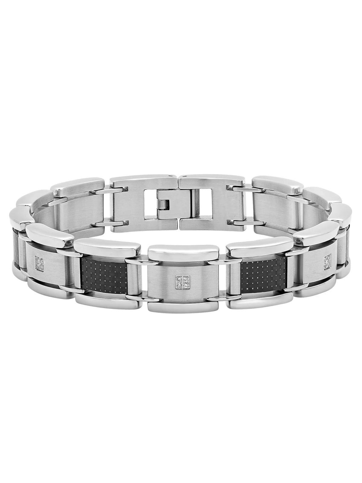 Men's Diamond Accent Stainless Steel and Black Carbon Fiber Bracelet, 9"
