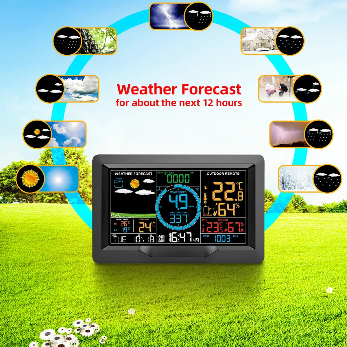 Suzicca Wireless Climate Station Indoor Hygrometer Thermometer Temperature Backlit Humidity Display Digital Climate Forecast Station Clock Alarm Clock with Sensor USB Port