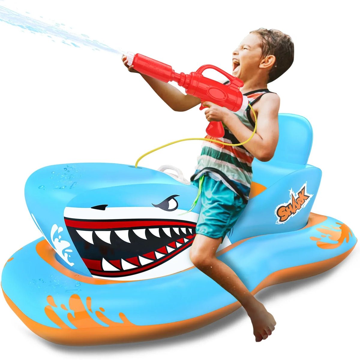 Pool Floats for Kids,Shark Ride-on Pool Toys with Waterpistol for Kid Pool Game Boys Girls Age 3-12