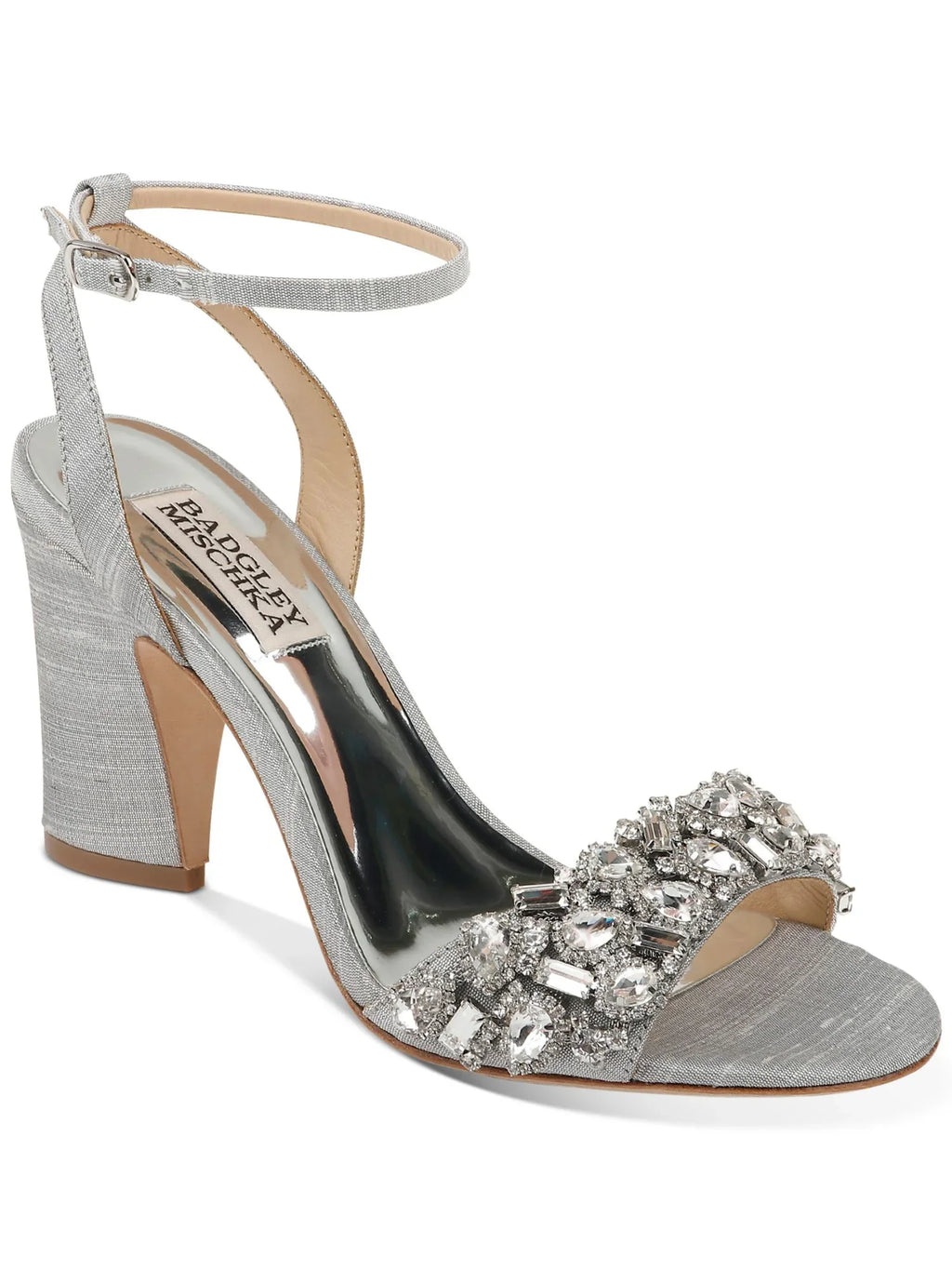 BADGLEY MISCHKA Womens Silver Toe Strap Metallic Rhinestone Round Toe Block Heel Fastener Dress Sandals Shoes 7