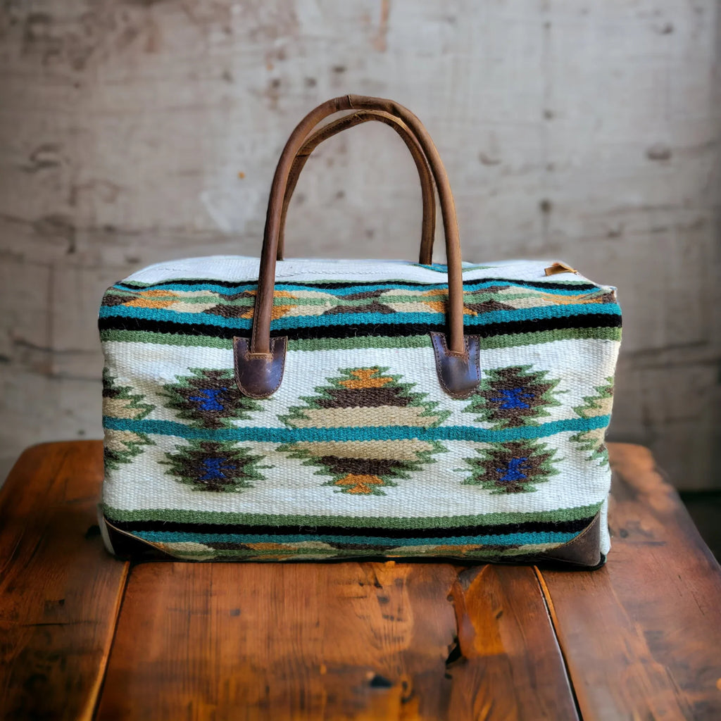 Boho Aztec Large Weekender Southwestern Duffel Bag Aspen Saddle Blanket Bag 100% Leather Handles