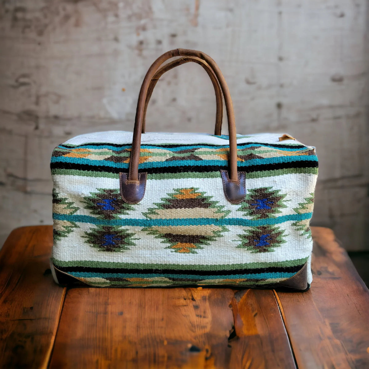 Boho Aztec Large Weekender Southwestern Duffel Bag Aspen Saddle Blanket Bag 100% Leather Handles