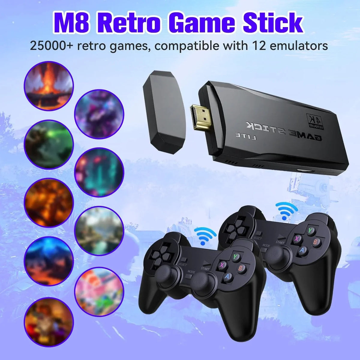 Game Stick 64G, 25,000+ Retro Games, Fitting with 12 Emulator Console, Wireless Retro Game Console Support 4K HD Output, Plug and Play Video Games for TV, 2.4G Wireless Controllers