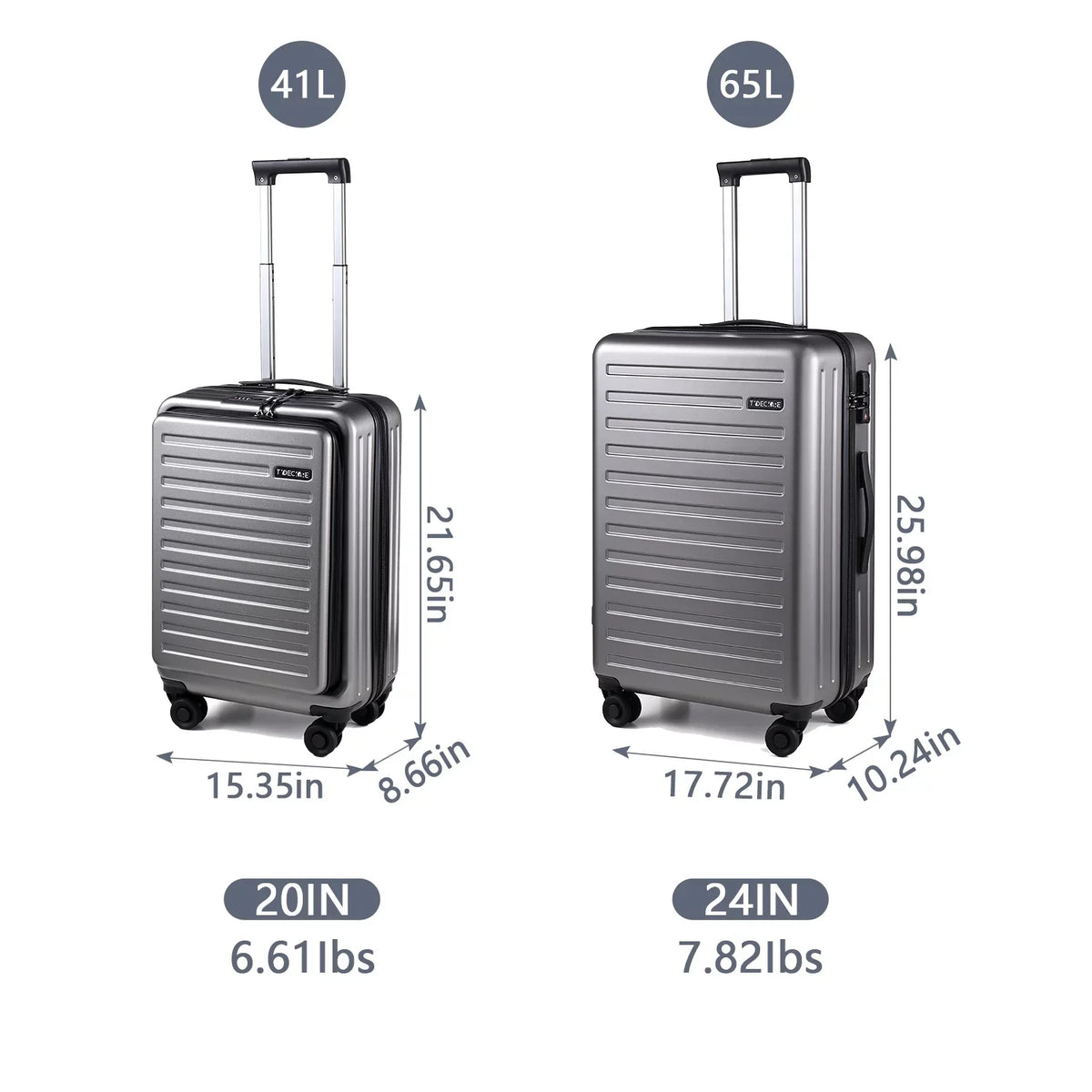 2 Piece 20/24 Luggage Set, Only 20 with Front Laptop Pocket & Expandle, Lightweight ABS+PC Hardshell Suitcase with TSA Lock & Spinner Wheels, 20 Inch 37~41L + 24 Inch 65L,Dark Grey