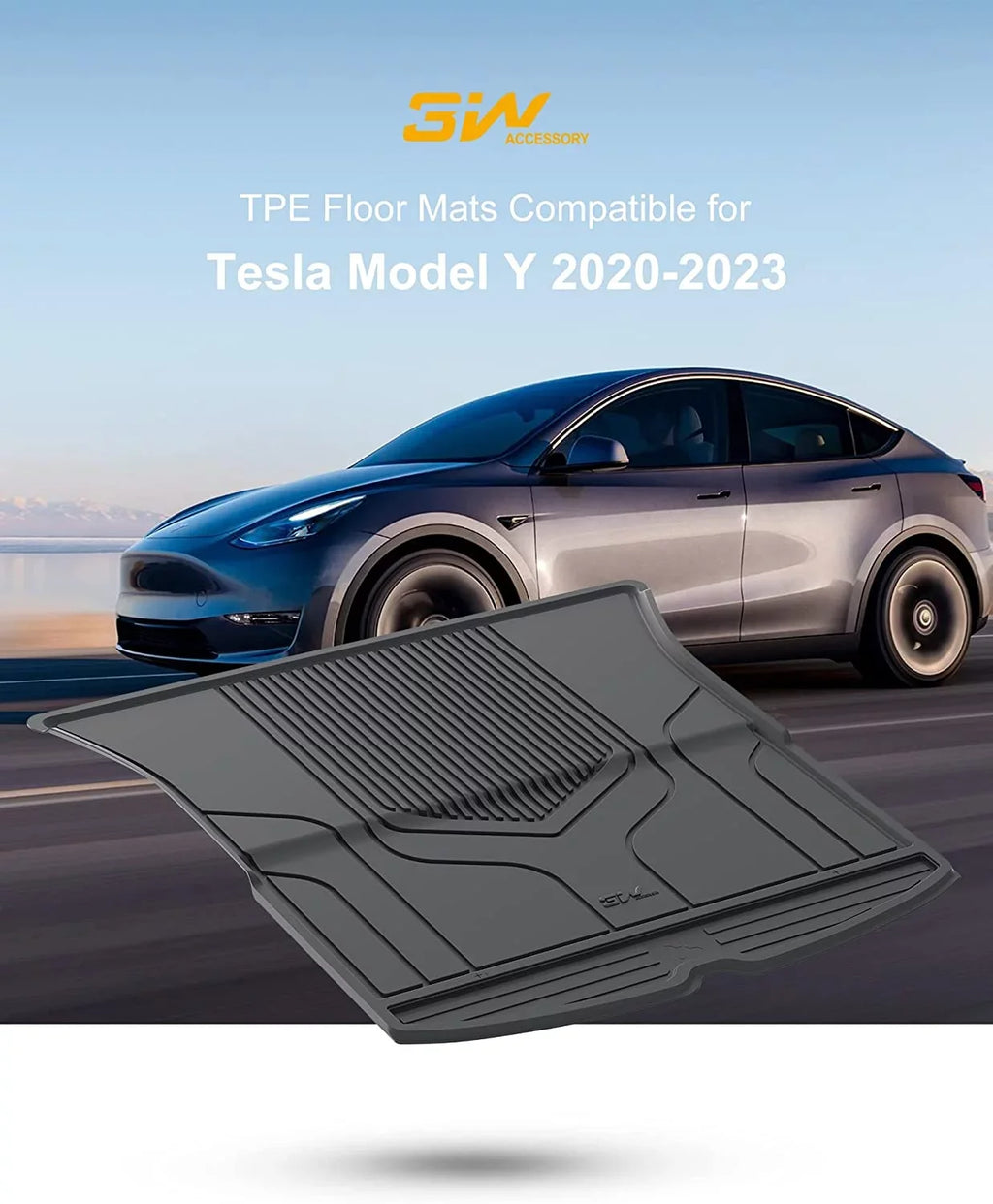 3W Trunk Mat for Tesla Model Y 2020-2023 TPE All Climate Black Car Floor Mat Custom Fit Cargo Liner