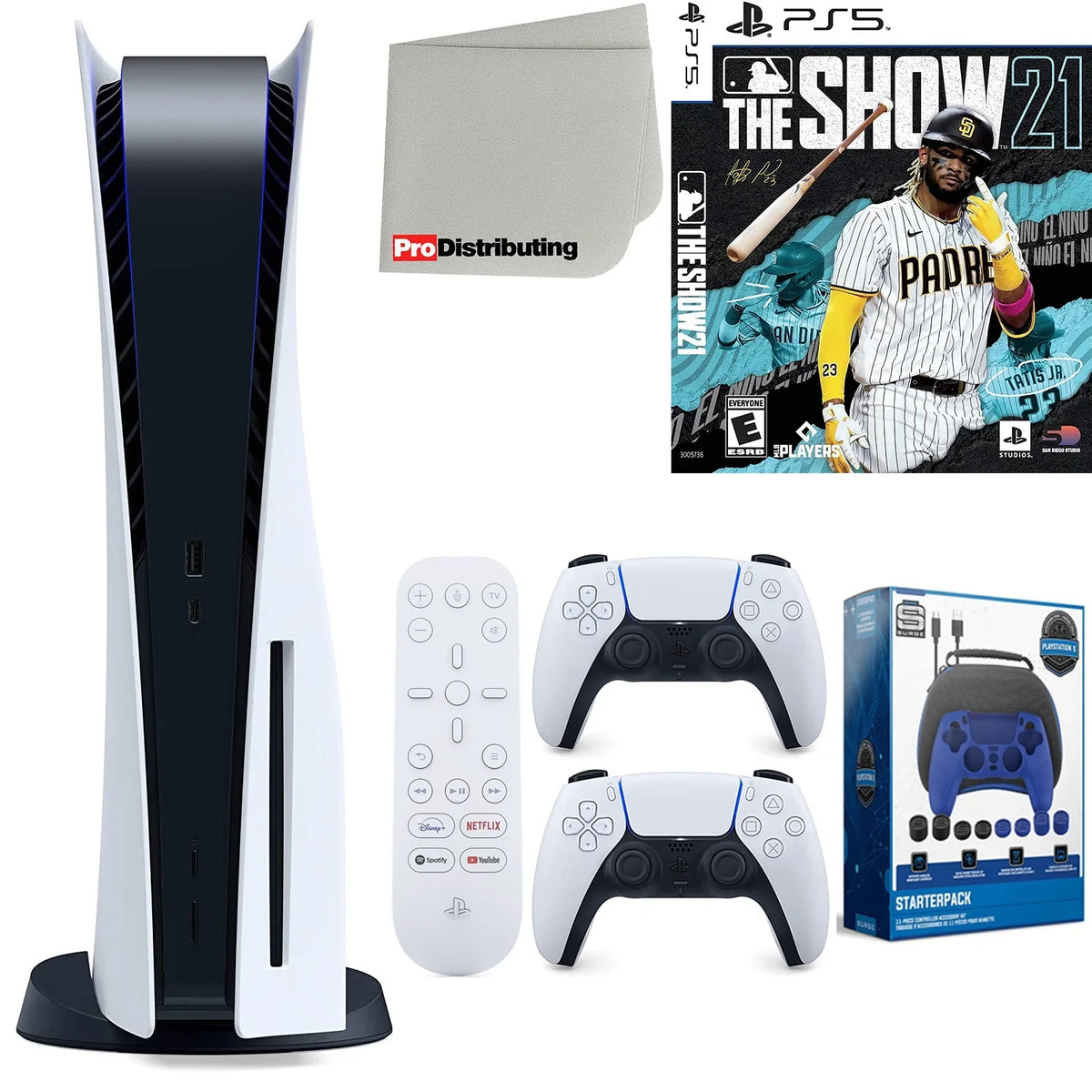 Sony Playstation 5 Disc Version (Sony PS5 Disc) with White Extra Controller, Media Remote, MLB The Show 21, Accessory Starter Kit and Microfiber Cleaning Cloth Bundle