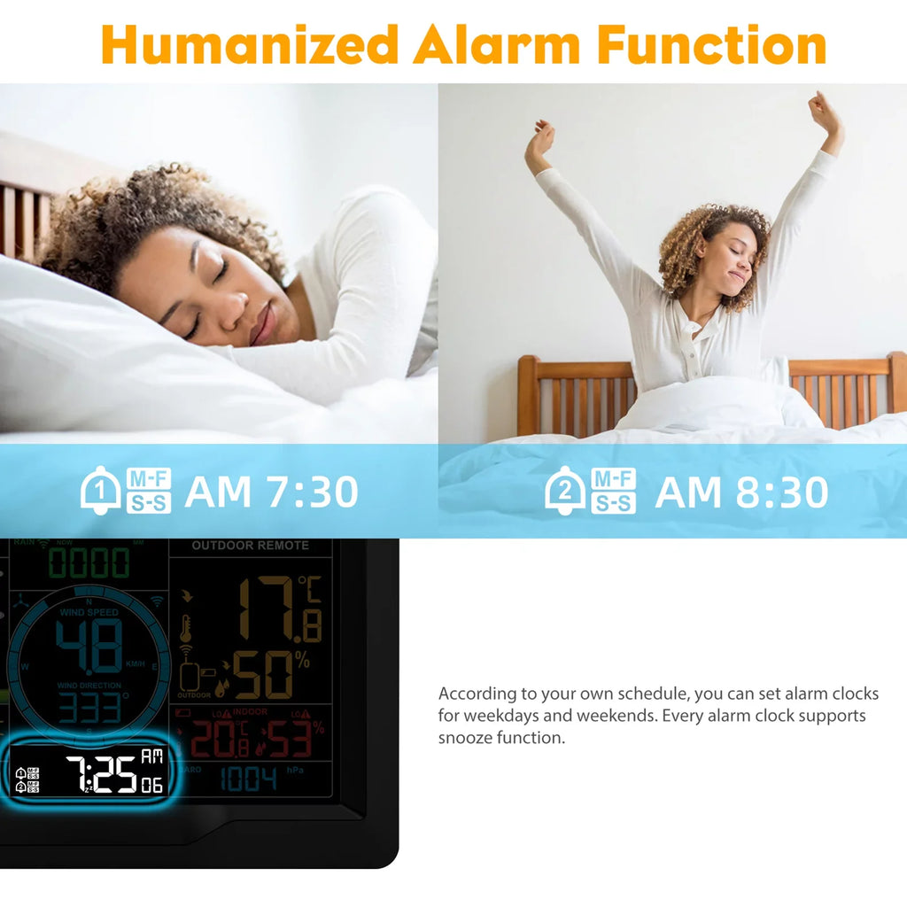 Suzicca Wireless Climate Station Indoor Hygrometer Thermometer Temperature Backlit Humidity Display Digital Climate Forecast Station Clock Alarm Clock with Sensor USB Port