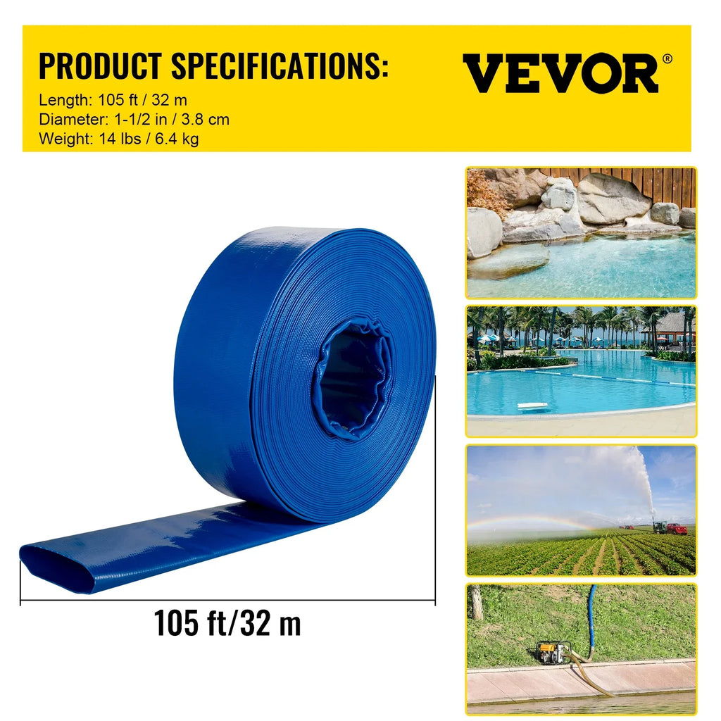 BENTISM Discharge Hose, 1-1/2" x 105', PVC Fabric Lay Flat Hose, Heavy Duty Backwash Drain Hose with Clamps, Condition & Burst-proof, Perfect for Swimming Pool & Water Transfer