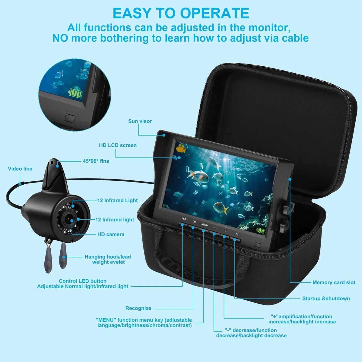 7 inch Ice Fishing Camera Underwater with Bracket Ice Fishing Fish Finder for Lake Vessel Kayak Ice Fishing