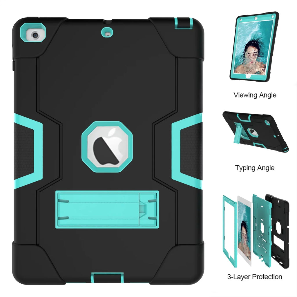 Allytech Case for New iPad 9.7 2018 2017,iPad 6th/5th Generation Case,Three Layer Shockproof Armor Defender Protective Case Coating for Apple iPad 9.7 2017/2018 A1893 A1954 A1822 A1823 (Black/Aqua)