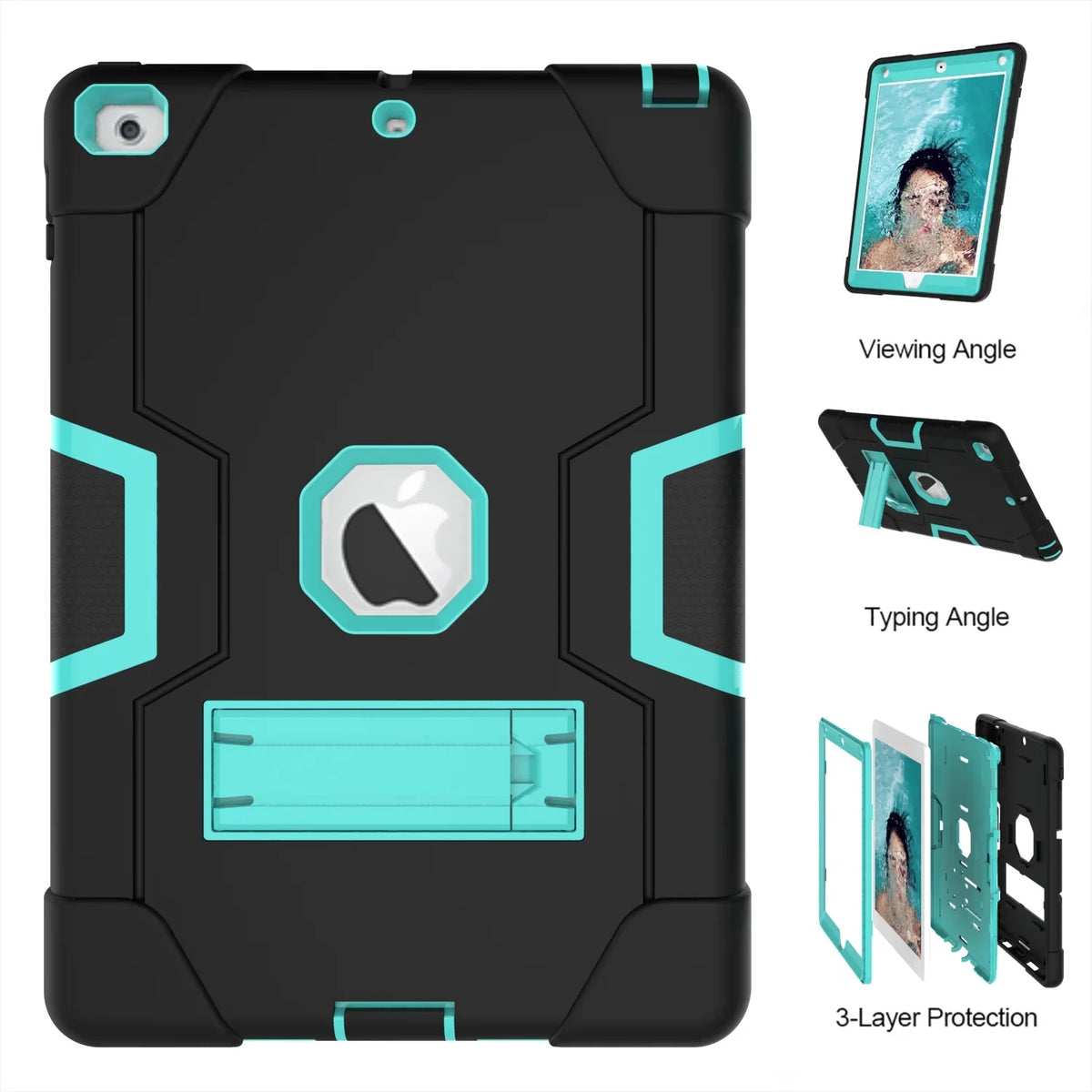 Allytech Case for New iPad 9.7 2018 2017,iPad 6th/5th Generation Case,Three Layer Shockproof Armor Defender Protective Case Coating for Apple iPad 9.7 2017/2018 A1893 A1954 A1822 A1823 (Black/Aqua)
