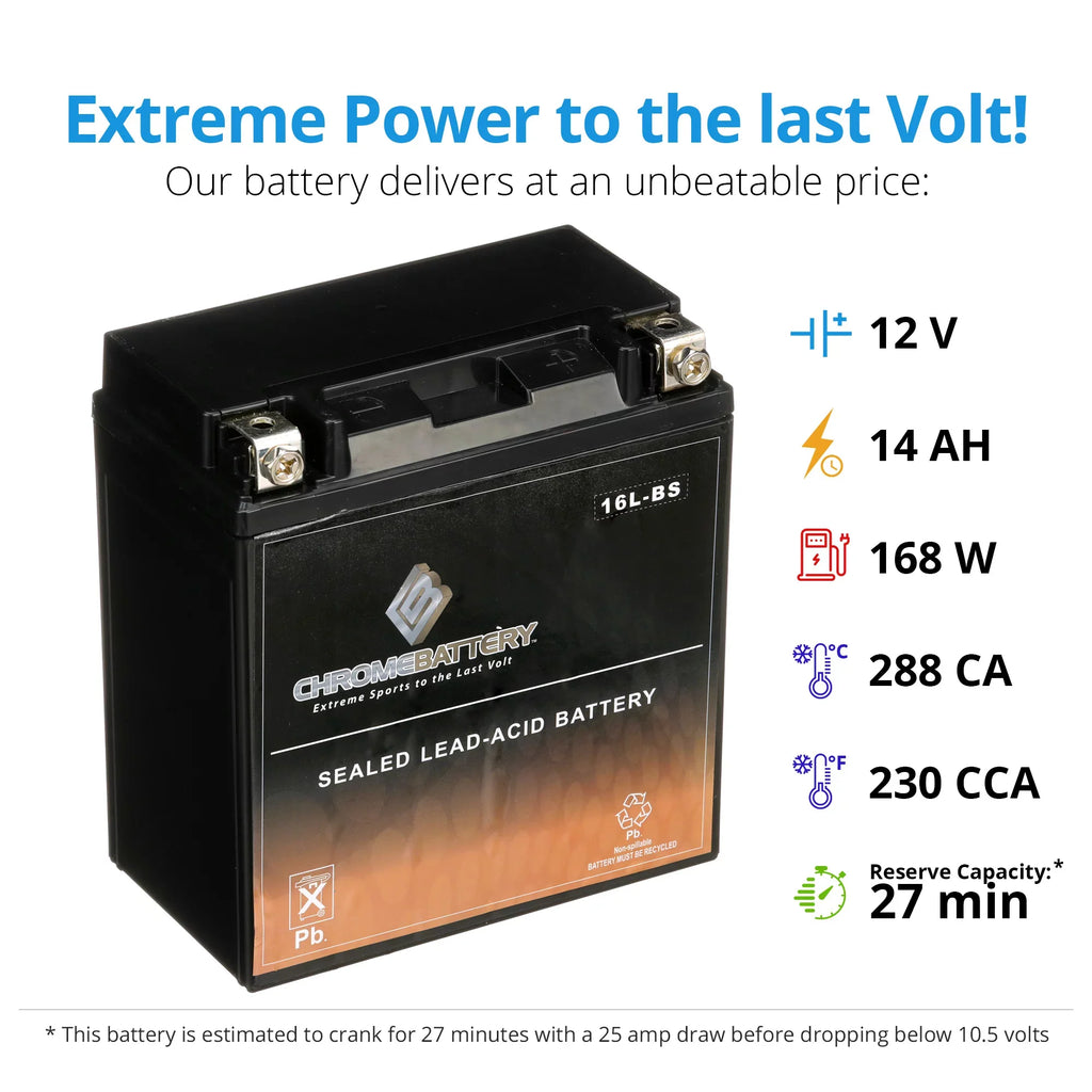 Chrome Battery YTX16L-BS (16L-BS 12 Volt,14 Ah, 230 CCA) Jet Ski Battery for Kawasaki 550cc Js550 Sx 86-'95