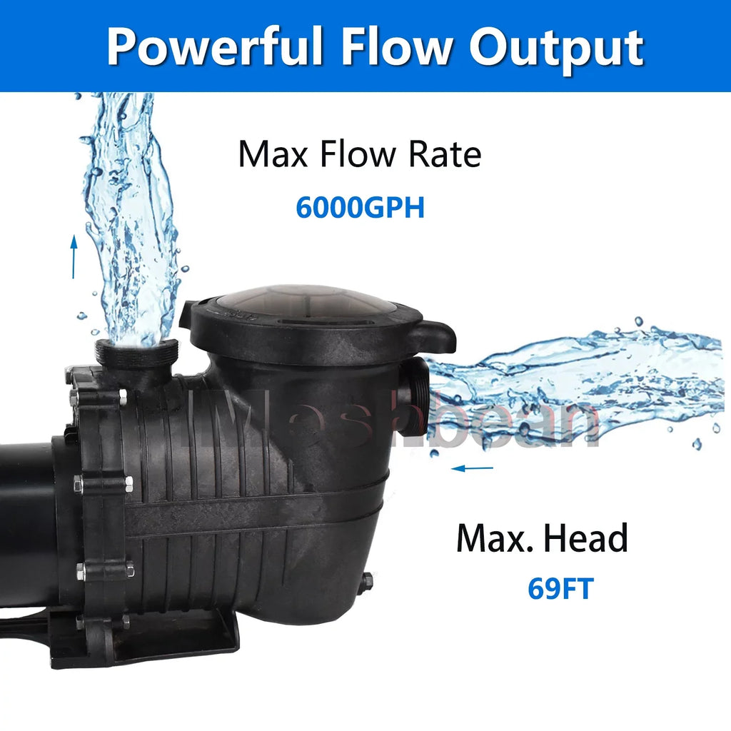 iMeshbean In-ground Swimming Pool Pump, 1.5HP Motor 110V-230V, 6000GPH, Head Max 69FT, for Above Ground Swimming Pool and Inground Pool Water Circulation, w/ Strainer Basket