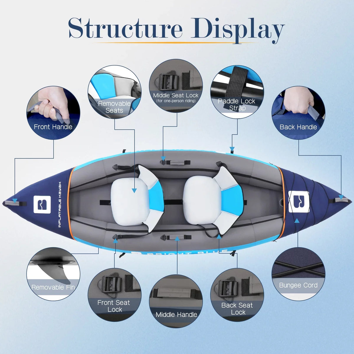 BRIGHT BLUE Inflatable Touring White Water Paddling Kayak 1-2 Persons sit-on with Paddles,Hand Pump,Backpack,Fins