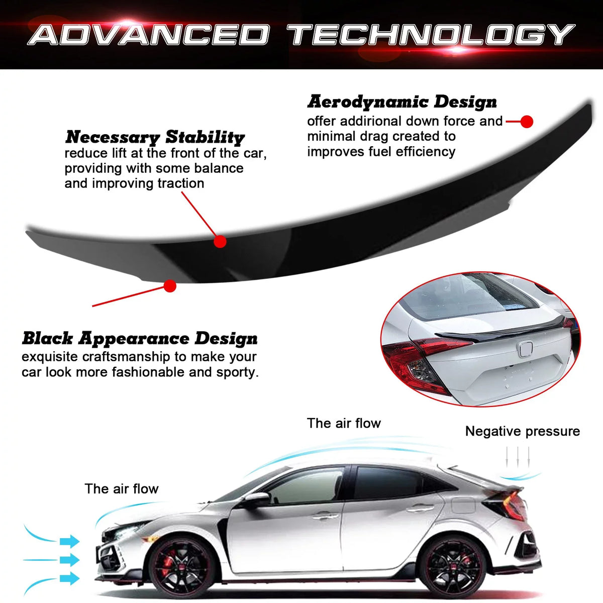 Xotic Tech 4DR JDM Style Glossy Black Rear Trunk Lip Wing Spoiler Fitting with Honda Civic 2016-2021 10th Gen