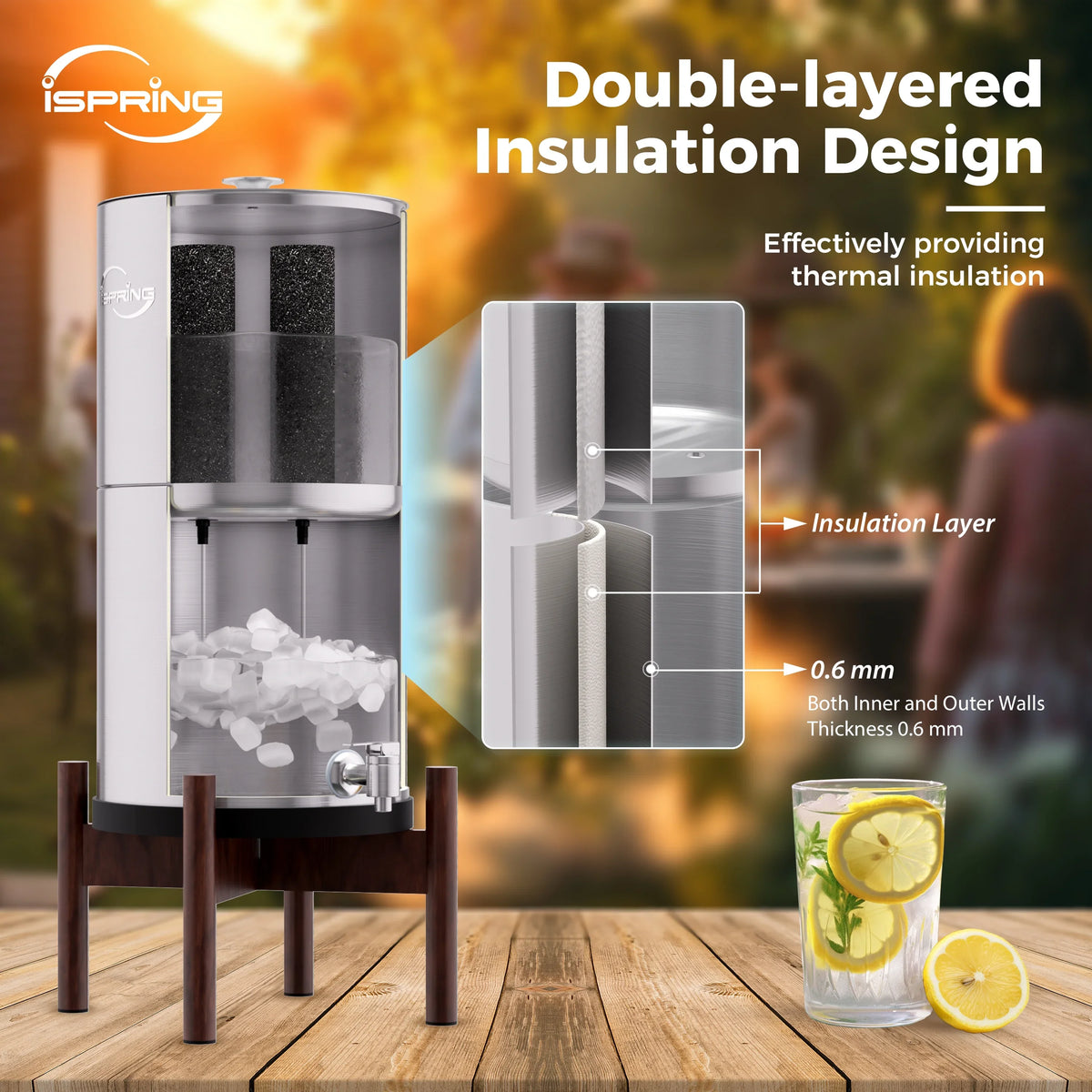 iSpring DGF2-DW Gravity-Fed Stainless Steel Countertop Water Filter System with Dark Wood Base,3.17 Gallons with 2 Activated Carbon Water Filters,Chlorine Reduction,Portable Water Filter