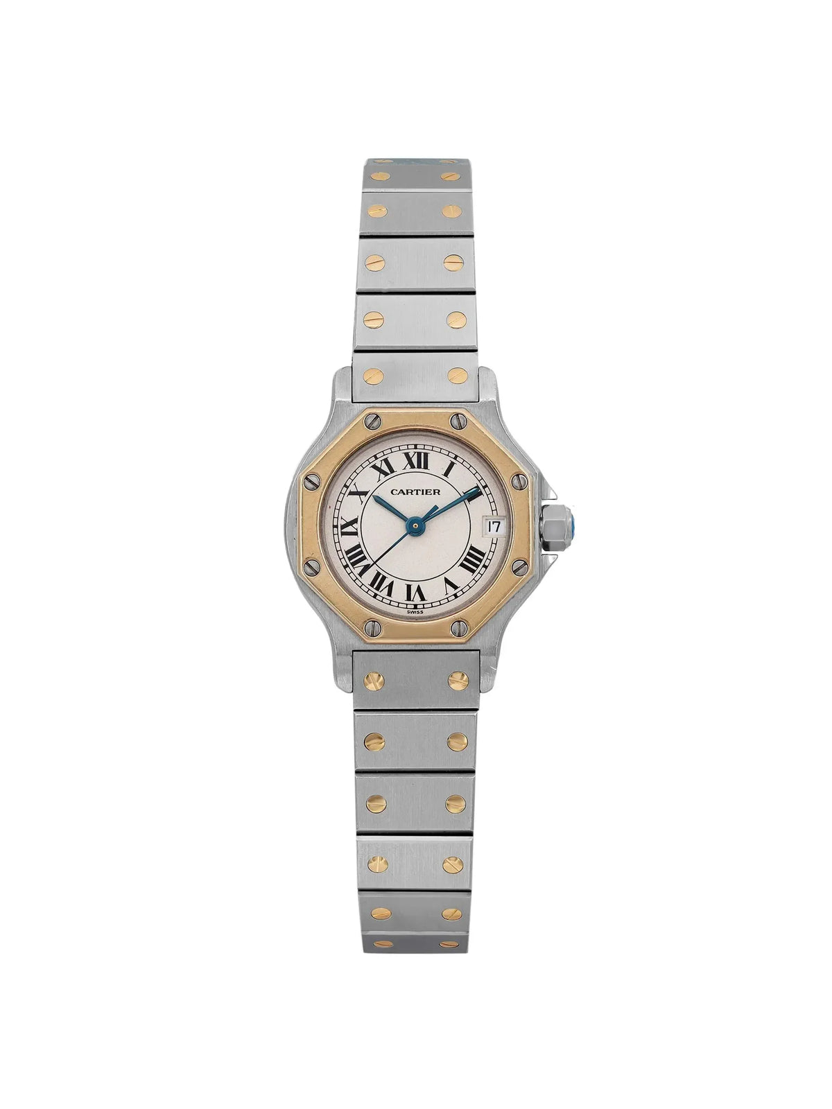 Pre-owned Cartier Santos Octagon 18K Yellow Gold Steel Cream Watch 187903 (Good)